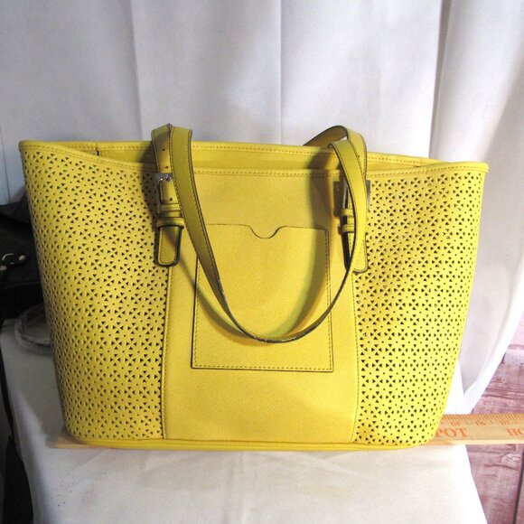 Tignanello Handbags - TIGNANELLO LEATHER YELLOW PERFORATED TOTE 15" X 12"small issue with strap edges